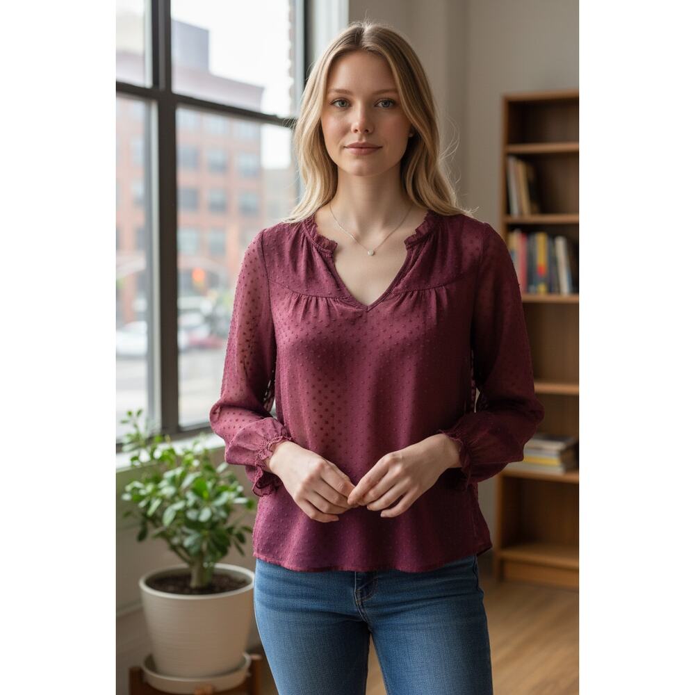 Abercrombie & Fitch Burgundy Red Polka Dot Sheer Long Sleeve Blouse Womens Sz XS